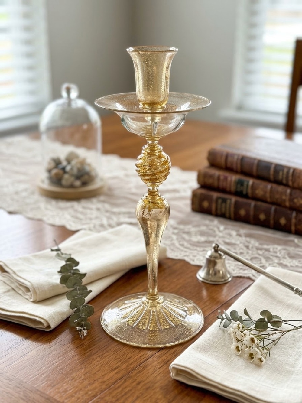 Vintage Murano Style Amber Gold Fleck Art Glass Candlestick Holder | Fluted Ribb